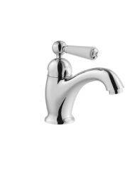 Klassieke wastafelkraan MB2107, compact model met witte bedieningshendel en klik afvoer, chroom